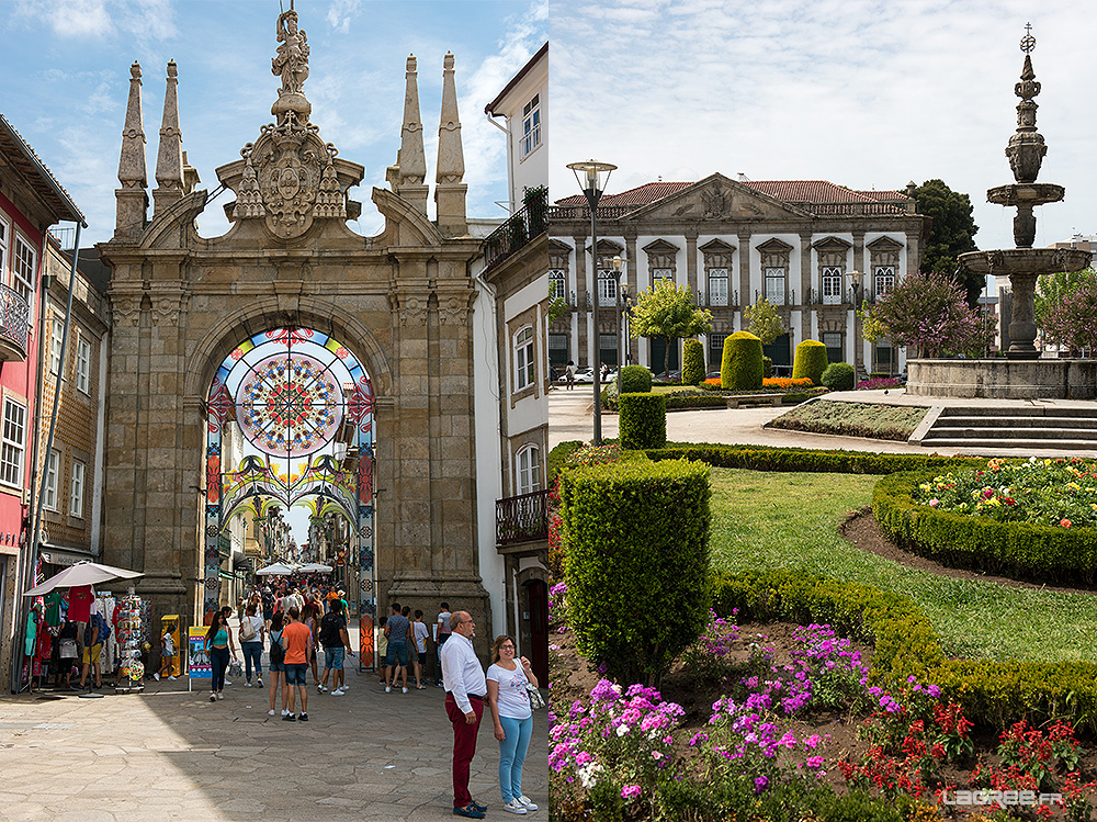 A gauche l'Arco da Port Nova et ses vitraux, à droite la fontaine du Campo das Hortas